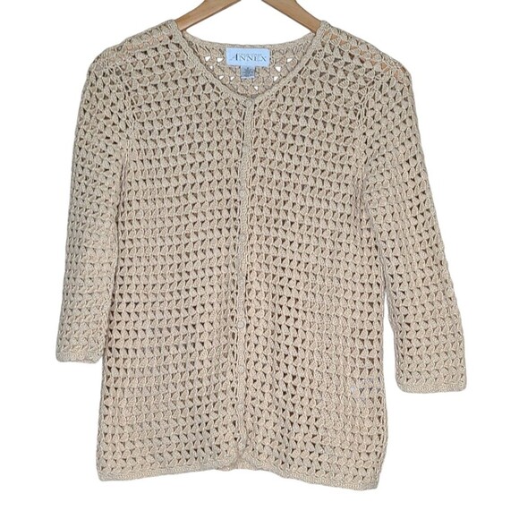 Casual Corner Annex Beige Longsleeve Open Crochet Cardigan Sweater Womens Medium - Picture 1 of 5